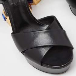 Casadei Black Leather Crystal Embellished Platform Sandals Size 38