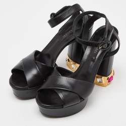 Casadei Black Leather Crystal Embellished Platform Sandals Size 38