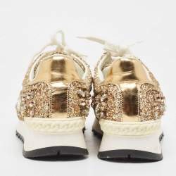 Pre Owned Casadei Gold Glitter and Leather Trainers Low Top Sneakers Size 39