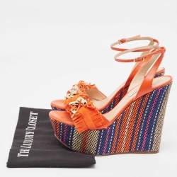 Pre Owned Casadei Orange Leather and Suede Chain Detail Ankle Strap Sandals Size 37