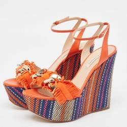 Pre Owned Casadei Orange Leather and Suede Chain Detail Ankle Strap Sandals Size 37