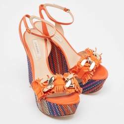 Pre Owned Casadei Orange Leather and Suede Chain Detail Ankle Strap Sandals Size 37