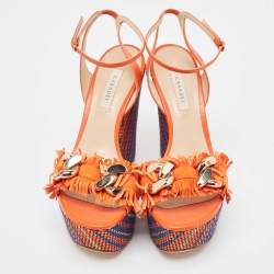 Pre Owned Casadei Orange Leather and Suede Chain Detail Ankle Strap Sandals Size 37