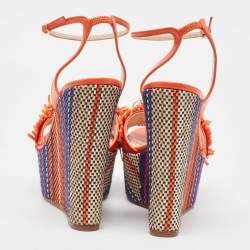 Pre Owned Casadei Orange Leather and Suede Chain Detail Ankle Strap Sandals Size 37