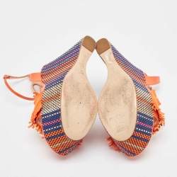 Pre Owned Casadei Orange Leather and Suede Chain Detail Ankle Strap Sandals Size 37