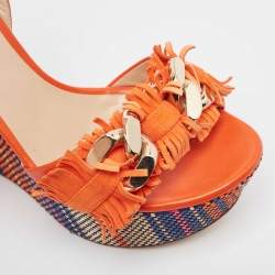 Pre Owned Casadei Orange Leather and Suede Chain Detail Ankle Strap Sandals Size 37
