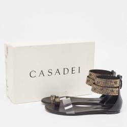 Casadei Black/Gold Leather and PVC Vinil Ankle Strap Sandals Size 37