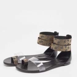 Casadei Black/Gold Leather and PVC Vinil Ankle Strap Sandals Size 37