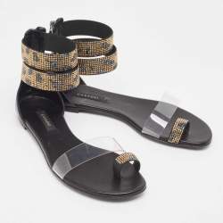 Casadei Black/Gold Leather and PVC Vinil Ankle Strap Sandals Size 37