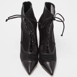 Casadei Black Mesh and Leather Lace Up Ankle Booties Size 38