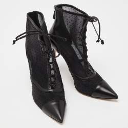 Casadei Black Mesh and Leather Lace Up Ankle Booties Size 38