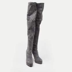 Pre Owned Casadei Grey Suede Over The Knee Length Boots Size 40