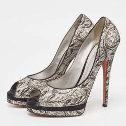 Casadei Two Tone Satin and Lace Peep Toe Platform Pumps Size 38.5