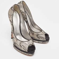 Casadei Two Tone Satin and Lace Peep Toe Platform Pumps Size 38.5