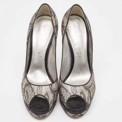 Casadei Two Tone Satin and Lace Peep Toe Platform Pumps Size 38.5