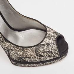 Casadei Two Tone Satin and Lace Peep Toe Platform Pumps Size 38.5