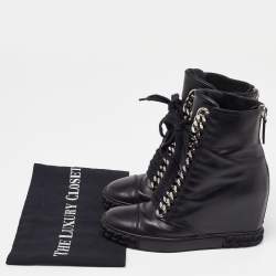 Pre Owned Casadei Black Leather Wedge High Top Ankle Booties Size 36.5