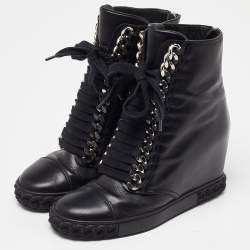 Pre Owned Casadei Black Leather Wedge High Top Ankle Booties Size 36.5