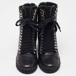 Pre Owned Casadei Black Leather Wedge High Top Ankle Booties Size 36.5