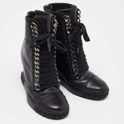 Pre Owned Casadei Black Leather Wedge High Top Ankle Booties Size 36.5