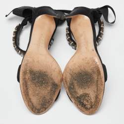 Pre Owned Casadei Black Satin Crystals Embellished Ankle Wrap Sandals Size 36.5