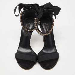 Pre Owned Casadei Black Satin Crystals Embellished Ankle Wrap Sandals Size 36.5