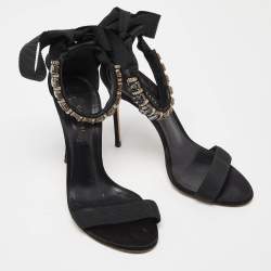Pre Owned Casadei Black Satin Crystals Embellished Ankle Wrap Sandals Size 36.5