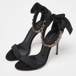 Pre Owned Casadei Black Satin Crystals Embellished Ankle Wrap Sandals Size 36.5