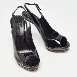 Casadei Black Patent Leather Platform Peep Toe Slingback Pumps Size 38.5