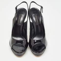 Casadei Black Patent Leather Platform Peep Toe Slingback Pumps Size 38.5