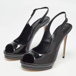 Casadei Black Patent Leather Platform Peep Toe Slingback Pumps Size 38.5