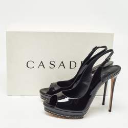 Casadei Black Patent Leather Platform Peep Toe Slingback Pumps Size 38.5