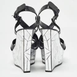 Casadei Black/Silver Patent Leather Mirrored Crack Wedge Sandals Size 40