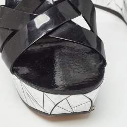 Casadei Black/Silver Patent Leather Mirrored Crack Wedge Sandals Size 40