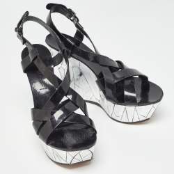 Casadei Black/Silver Patent Leather Mirrored Crack Wedge Sandals Size 40