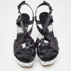 Casadei Black/Silver Patent Leather Mirrored Crack Wedge Sandals Size 40