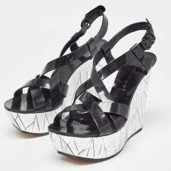 Casadei Black/Silver Patent Leather Mirrored Crack Wedge Sandals Size 40