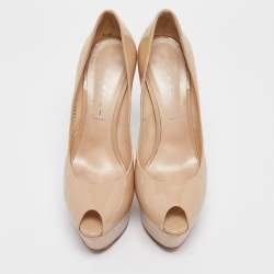 Casadei Beige Patent Leather Platform Peep Toe Pumps Size 39.5