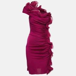 Catherine Malandrino Purple Silk Ruffled One-Shoulder Mini Dress S