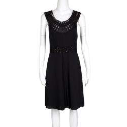 Catherine Malandrino Black Silk Lace Neck detail Embellished Belted Dress M