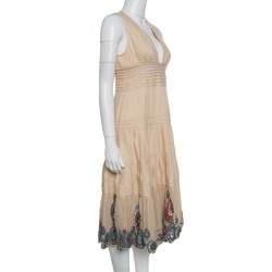 Catherine Malandrino Beige Pintuck Detail Embroidered Hem Maxi Dress M