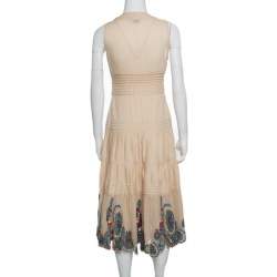 Catherine Malandrino Beige Pintuck Detail Embroidered Hem Maxi Dress M