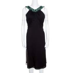 Malandrino Black Silk Plisse Bodice Detail Embellished Sleeveless A Line Dress M