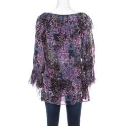 Pre Owned Catherine Malandrino Multicolor Printed Silk Frayed Neck Detail Long Sleeve Blouse S