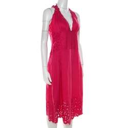 Catherine Malandrino Pink Cotton Eyelet Trim Detail Halter Dress M 