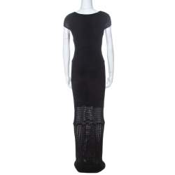 Pre Owned Catherine Malandrino Black Crochet Knit Short Sleeve Maxi Dress S 