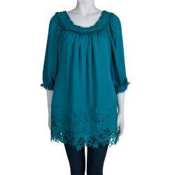 Catherine Malandrino Jade Green Cut Work Detailed Silk Blouse S