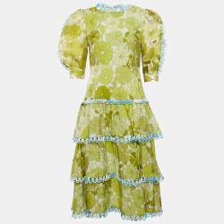 CeliaB Green Floral Print Silk Blend Tiered Midi Erica Dress S
