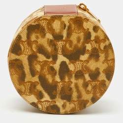Pre Owned Celine Beige/Brown Animal Print Saffiano Leather Round Zip Around Pouch
