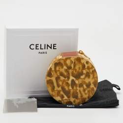Pre Owned Celine Beige/Brown Animal Print Saffiano Leather Round Zip Around Pouch